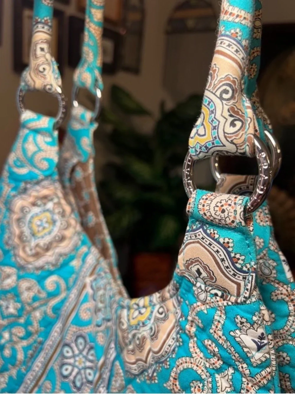 Vera Bradley Hobo Bag Quilted Shoulder Handbag Pockets Blue Turquoise Paisley